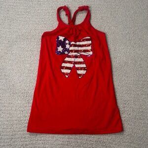 Poof Girl Tank Top Patriotic Sequin Bow Large Red 4th of July Summer USA Stars